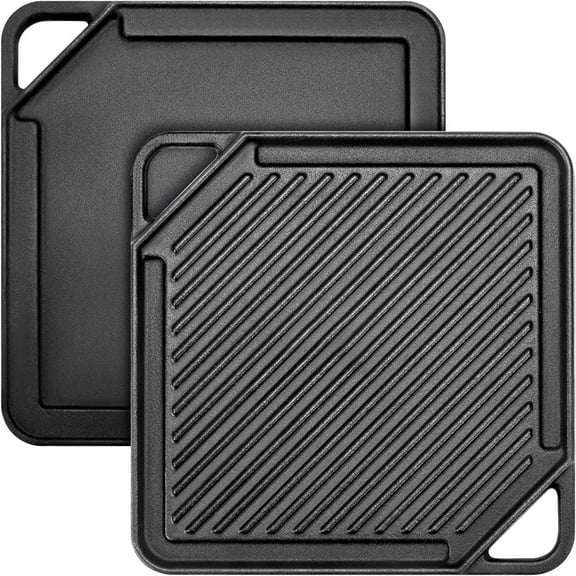 Cast Iron Reversible Griddle, 2-In-1 Griddle Pan for Gas Grills and Stove Tops, 10 x 10 Square Baking Flat and Ribbed Griddle Plate