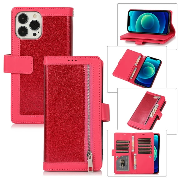 iPhone 13 Case 6.1" 2021, Bling Sparkly Glitter Flip Stand PU Leather Zipper Wallet Case with Card Holder/Wrist Strap Magnetic Cover, Rose