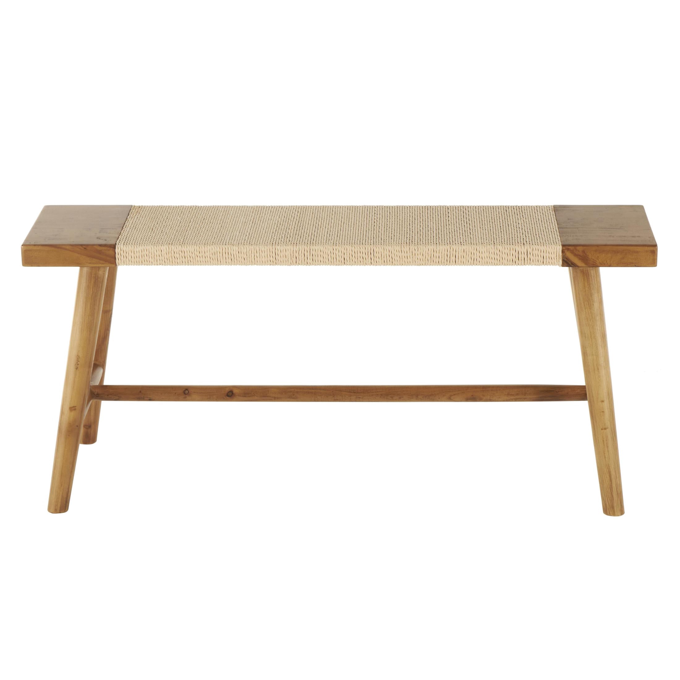 DecMode Wood Handmade Slim Bench with Faux Rattan Wrapped Seat, Brown