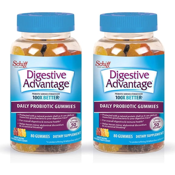 Digestive Advantage Daily Probiotic Gummies for Digestive Health, Gut Health & Immune Support, Probiotics for Men and Women - Delicious Natural Fruit Flavor, 80 Count (Pack of 2)
