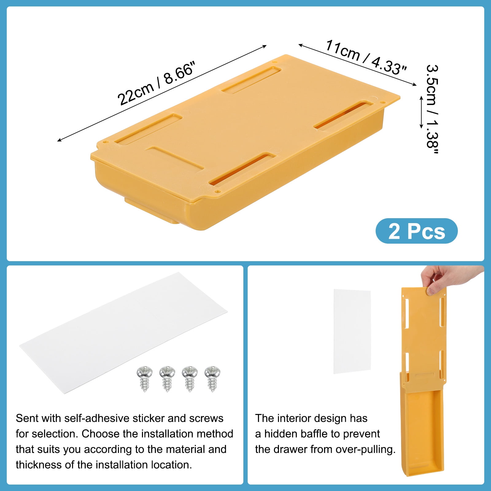 Under Desk Drawer, 2 Pcs Under Table Storage Self-Adhesive Attachment Drawers Organizer for Pens Standing Desk Office Studio Home, Yellow, Small