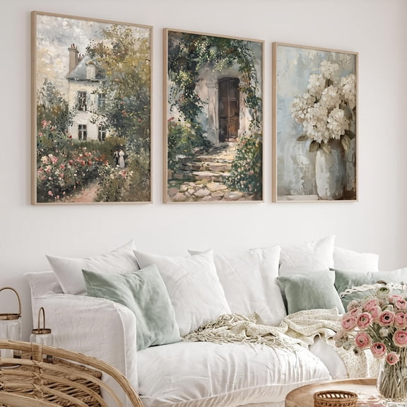 Set of 3 Vintage Cottage Rose Garden Hydrangea Oil Painting Prints, Country Floral Murals, Botanical Canvas Posters, Neutral Spring Wall Decor, Ideal Gift for Living Room, Bedroom, Office, Dorm, Caf
