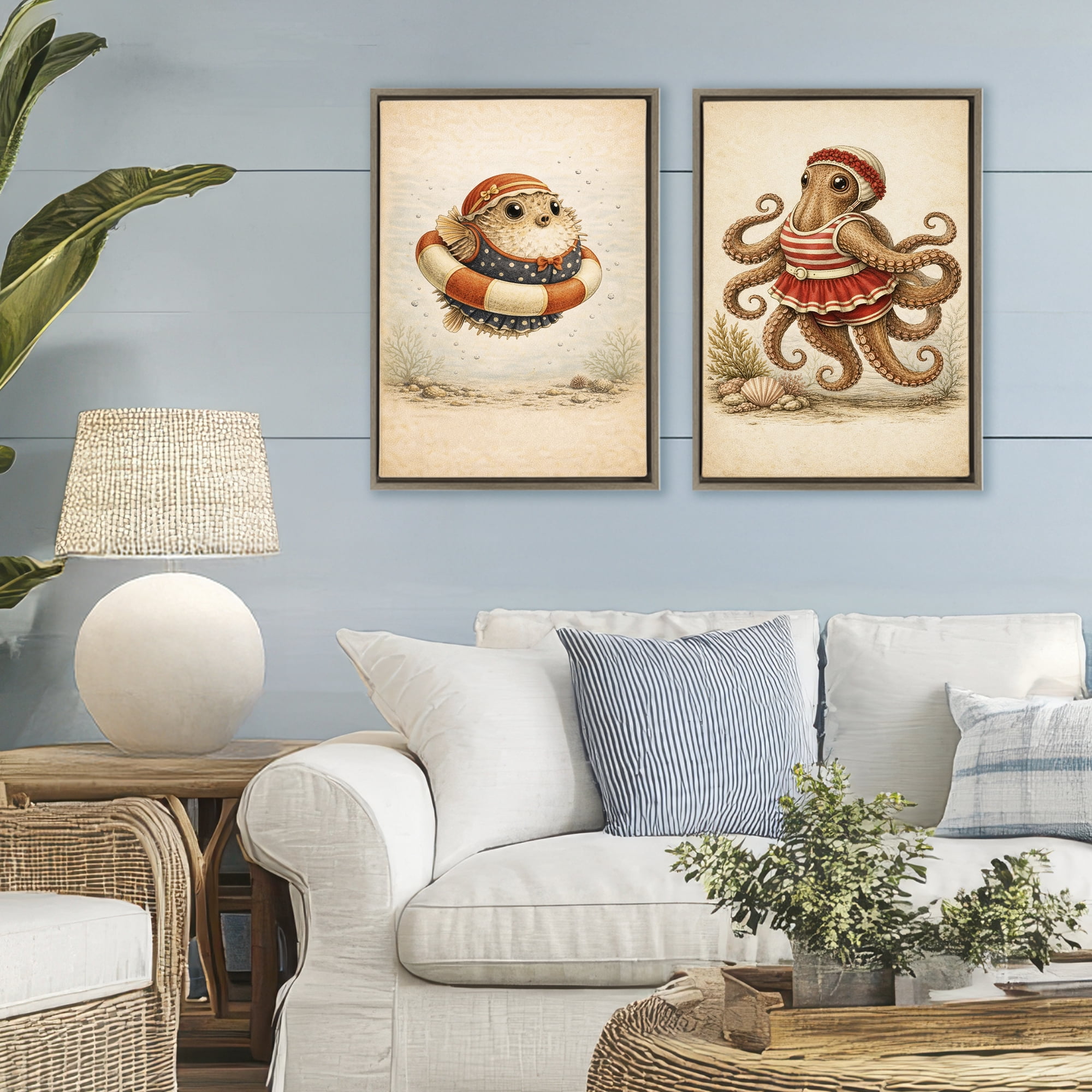 Stupell Industries Vintage Maritime Bathing Creatures 2 Piece Brown Framed Floater Canvas Set, design by Grotto Studios