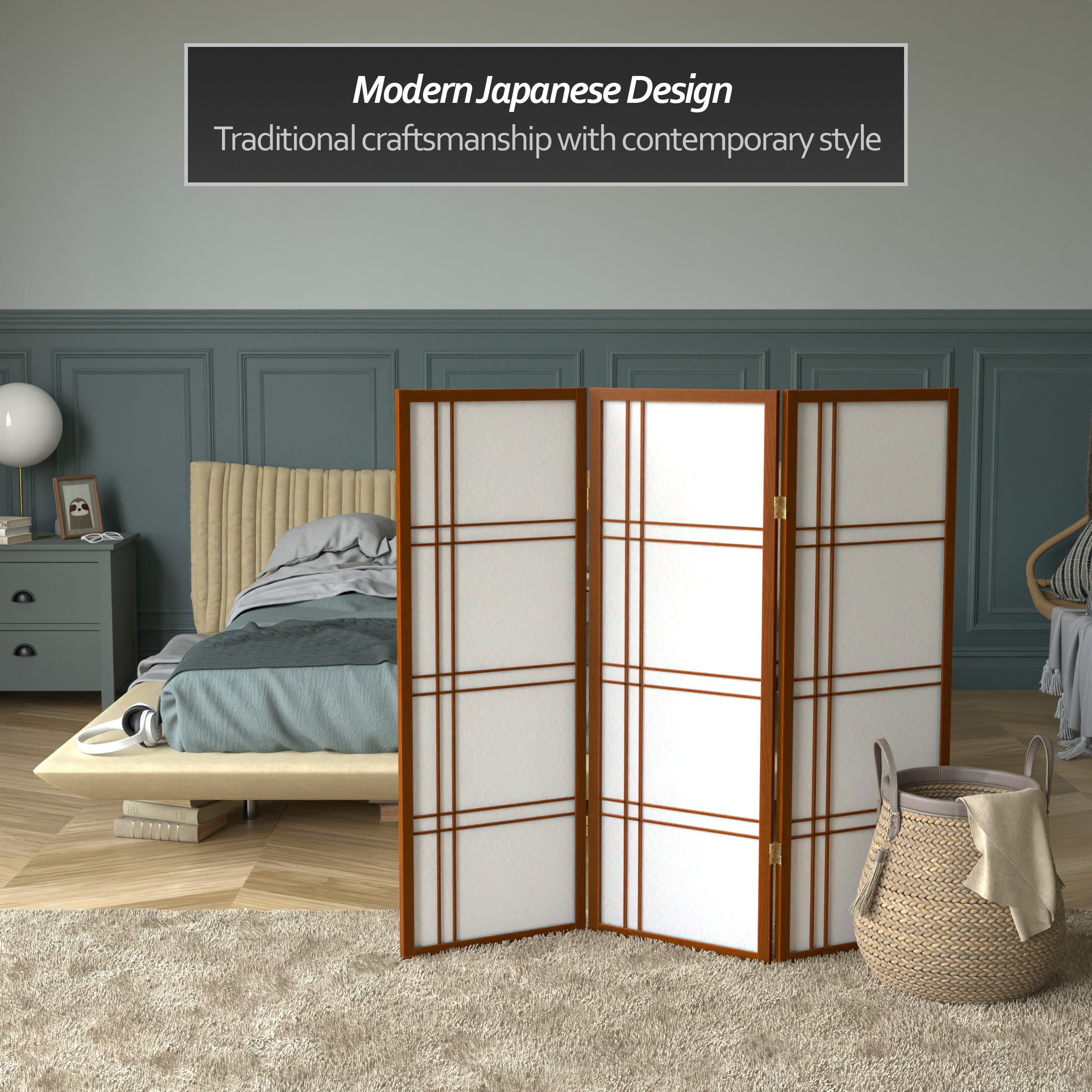 4 ft. Tall Japanese Design Double Cross Lattice Screen - Walnut - 3 Panels