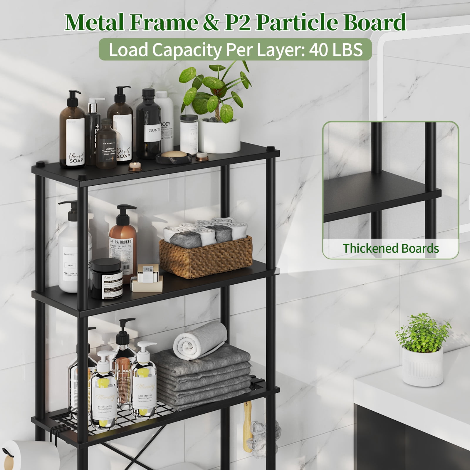 Capri 3-Shelf Over the Toilet Storage, Freestanding Wooden Bathroom Organizers and Storage Shelf, Metal Frame, Space Saver, Black