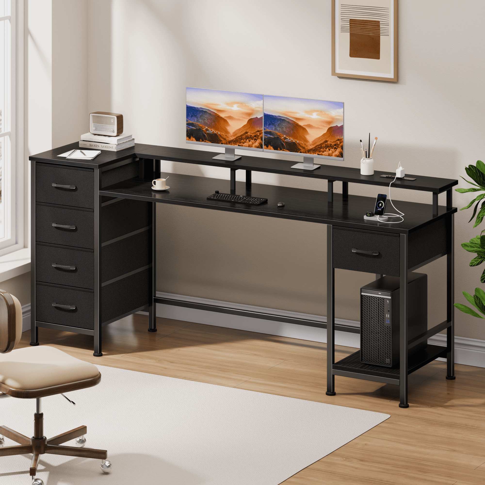 Satifur 61" Computer Desk with LED Lights & Power Outlets, Gaming Desk with 5 Fabric Drawers & Open Shelves, Reversible Home Office Desk,Black