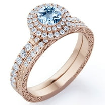 JeenMata Art Deco Filigree 1.75 Carat Round Brilliant Cut Seafoam Created Aquamarine and Moissanite Duo Halo Pave Bridal Ring Set in 18K Rose Gold Plating over Silver