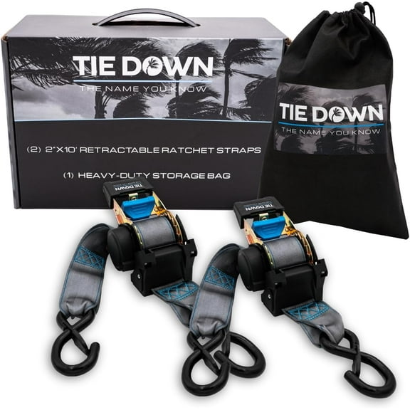 2 in. x 10 ft Grey Heavy Duty Retractable Ratchet Strap, 2-Pack Kit - 3000 lbs. Breaking Load Limit
