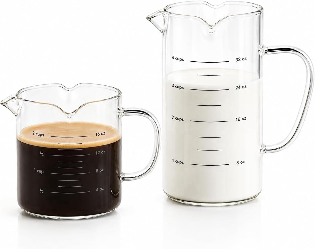Genicook Borosilicate Glass Measuring Cups Set, 2-Pack (16.9oz & 33.8oz / 2.1 & 4.2 Cups), Dual Spout Triangle Design, Heat Resistant, Clear Scale for Cooking & Baking