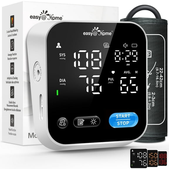 Blood Pressure Monitors for Home Use - Easy@Home Blood Pressure Machine with Voice Function & LED Backlit Screen, 3-Color Result Reading BP Machine, Free MyHeartPal App, No Bluetooth - Model