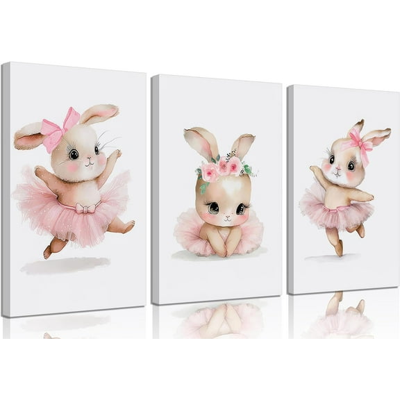 3 Pcs Pink Bunny Wall Art for Nursery Baby Room Cute Posters Prints Wall Decor Pictures Pink Preppy Dress Rabbit Ballet Artwork Canvas Paintings for Girls Room Bedroom Hone Decoration Unframed