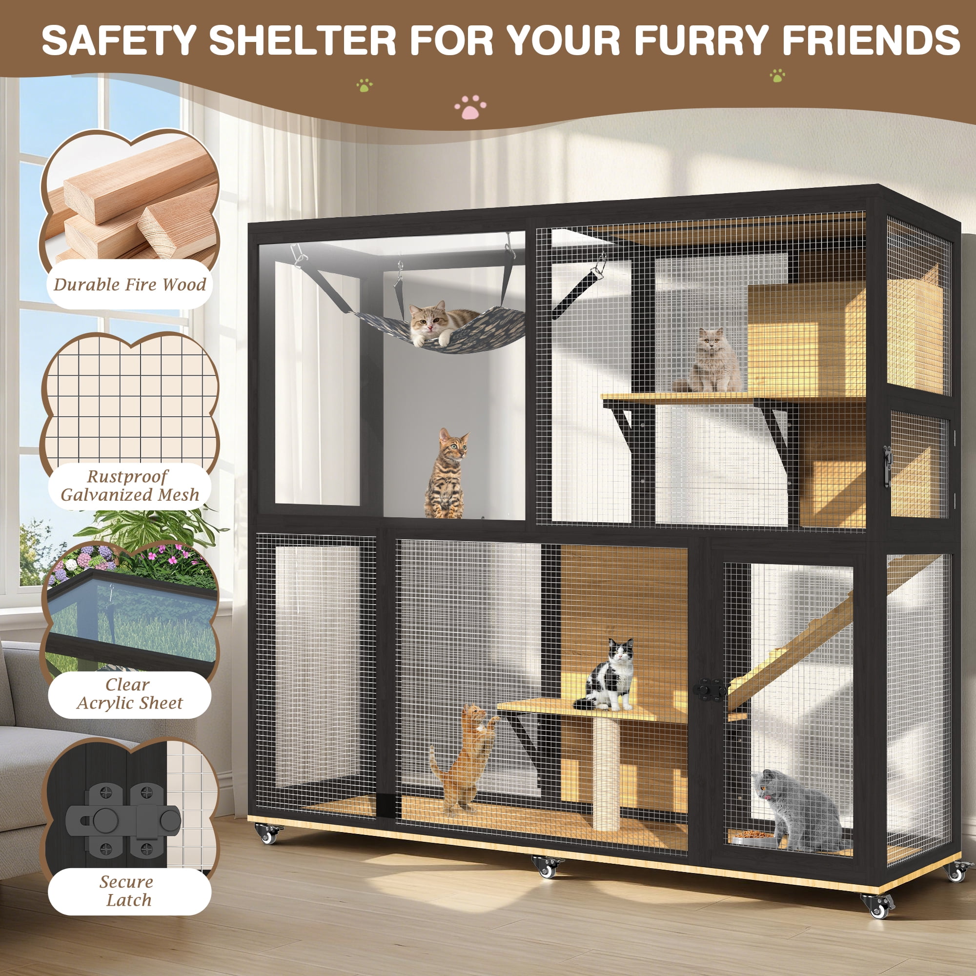 Haverchair 4-Tier Catio Cat Enclosure Outdoor, Portable Cat House Cage for Multiple Cats Indoor, Wood Kitty Condo w/Waterproof Roof Wheels Platforms Hammock Scratching Post for Sunbathing Playing
