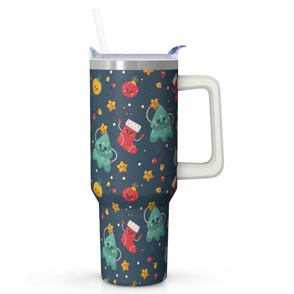 40oz Christmas Tree Tumbler with Handle and Straw Lid, Festive Holiday Stainless Steel Mug, Insulated Snowflakes Cup, Xmas Day Gifts for Women
