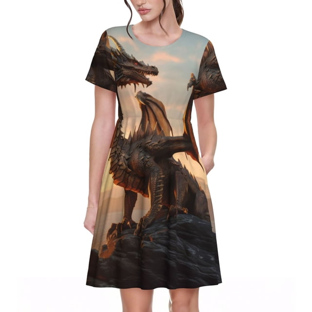 Balery Sky Sunset Bronze Dragon Vestidos sueltos de manga corta para mujer, vestidos de verano 2025, vestidos casuales de corte A con vuelo.