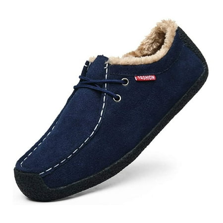 Men Slip On Moccasin Slippers Loafers Suede Indoor Outdoor Boat Shoes Casual Fuzzy Comfy Wool-blend Memory Foam 8.5 Blue