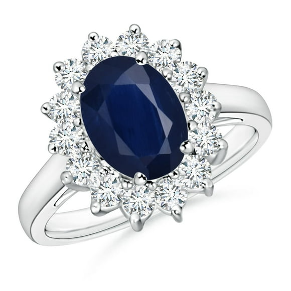 Angara Bague Princesse Diana Inspirée 2 ct Saphir Bleu avec Diamant Halo pour Femmes en Platine (Taille : 9x7mm / Taille de la Bague : 7.5) / Pierre de Naissance de Septembre, Anniversaire, Bijou Cadeau pour Femmes