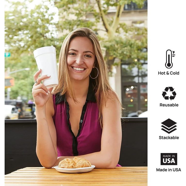 12 oz Disposable Foam Cups (100 Pack), White Foam Insulates Hot & Cold Beverages, Made in the USA, To-Go Cups - for Coffee, Tea, Hot Cocoa, Soup,