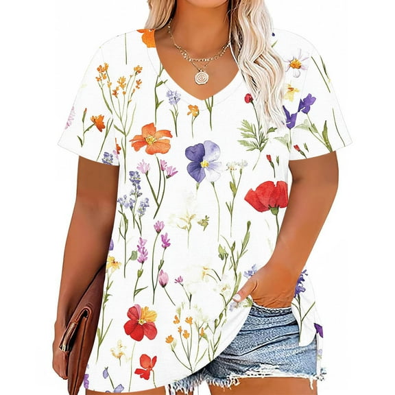 NTACZA White Tops Women V-Neck Short Sleeve Plus Size Floral Print Pullover T-Shirts Teens Shirts 2x
