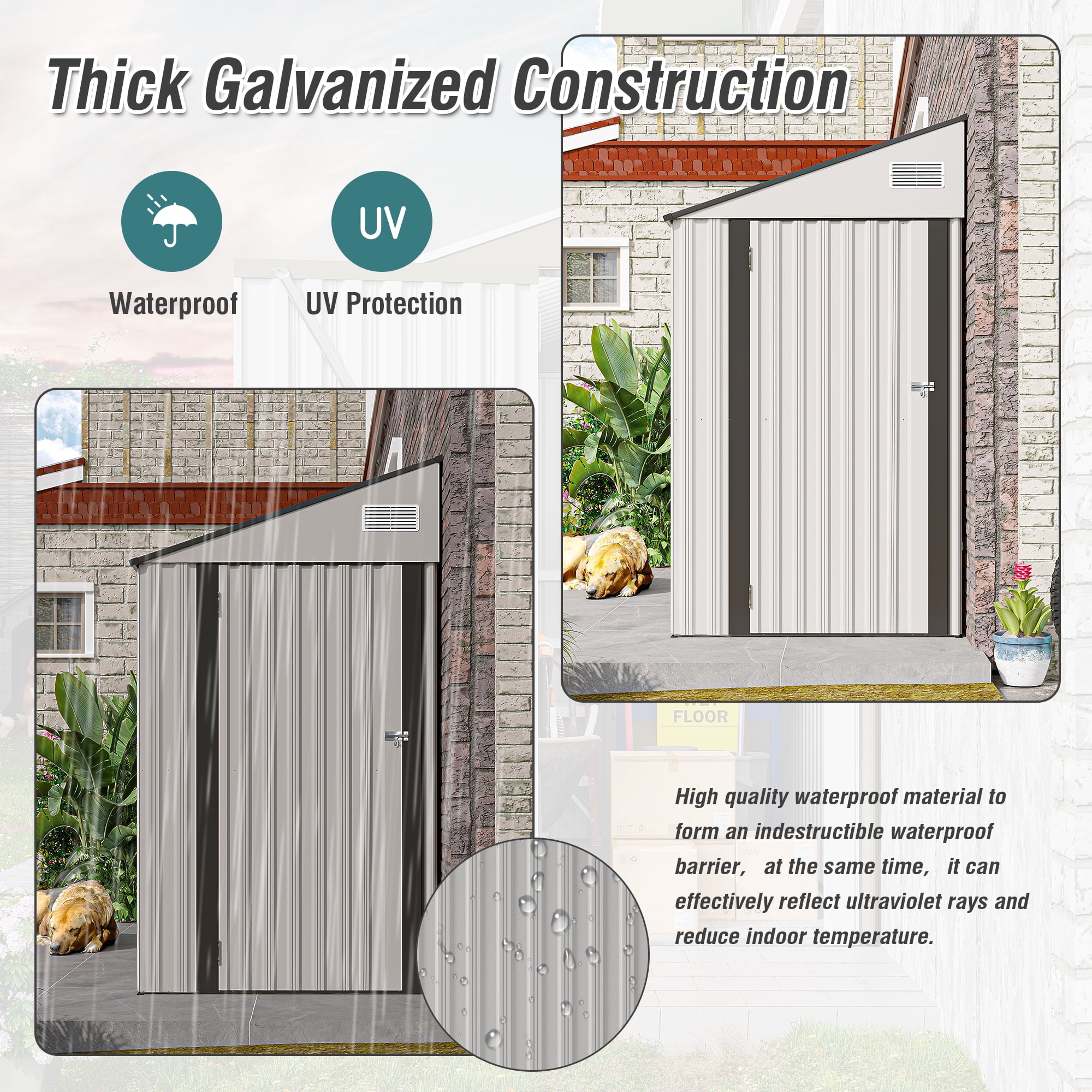 4x8 FT Outdoor Storage Shed Side, Metal Garden Shed with Lockable Hinged Door, Lean to Shed with 6 Air Vents, Outside Tool Shed with Sloped Roof, Waterproof Storage Building for Backyard, Patio