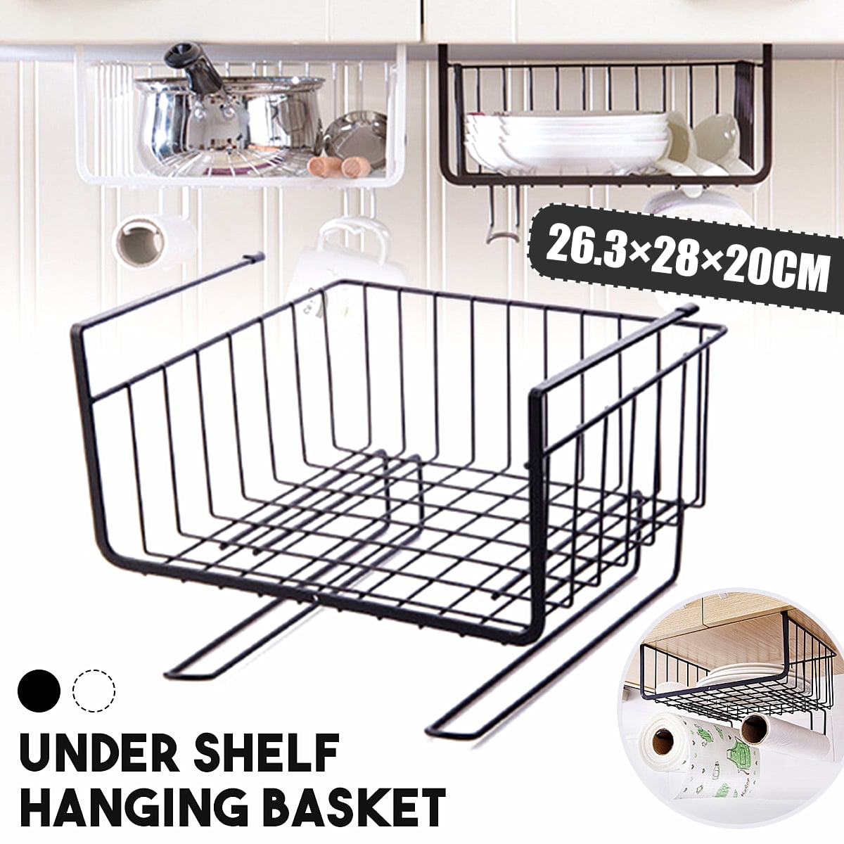 for Kitchen Cupboards Under Shelf Storage Basket,Under Cabinet Hanging Metal Wire Storage,Under Shelf Basket,Cupboard Shelf Organiser Bathroom Black Shelves