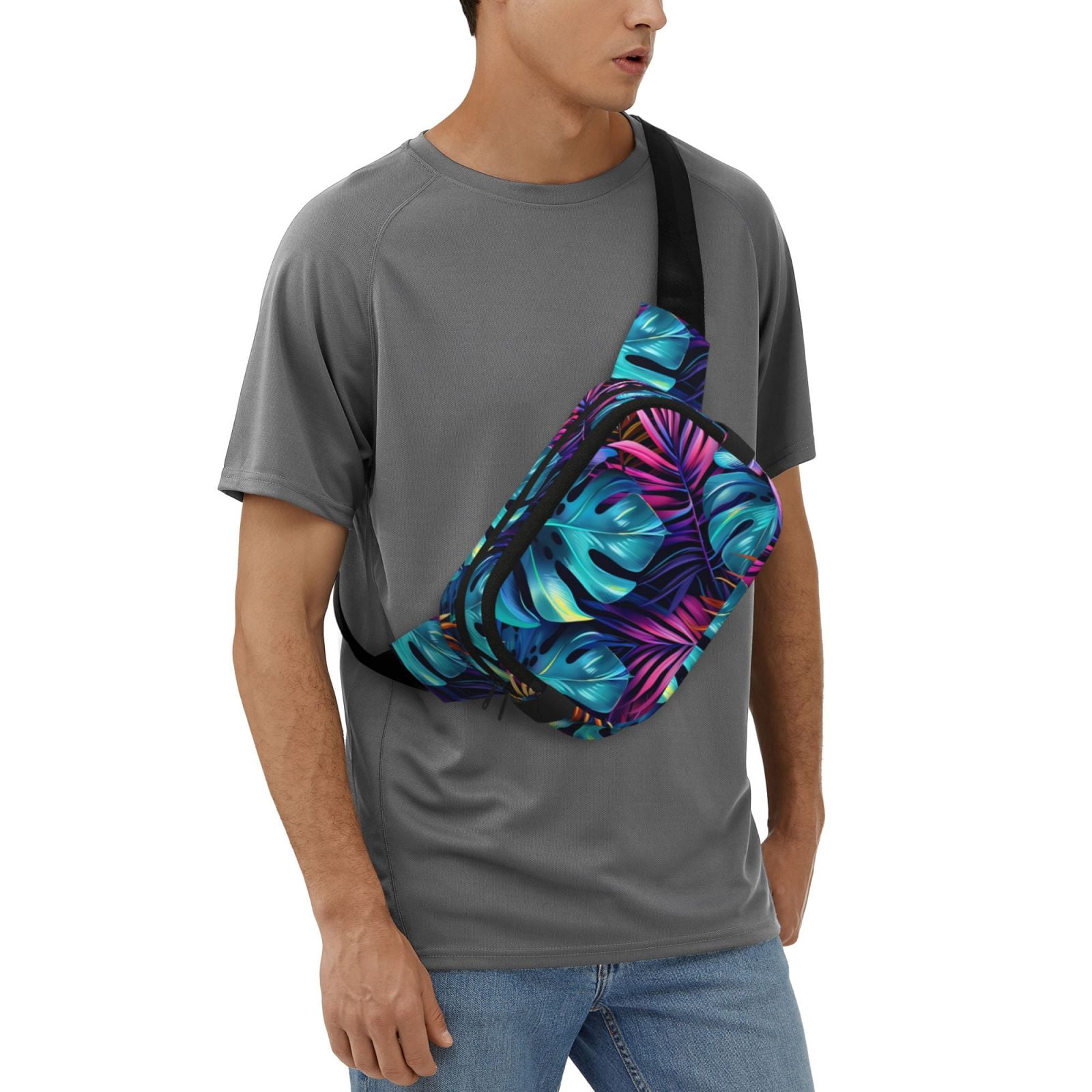 Picia Colorful Tropical Leaves Print Square Double-Layer Waist Bag Mini Adjustable Waist Belt Bag Exercise Running Travel Hiking