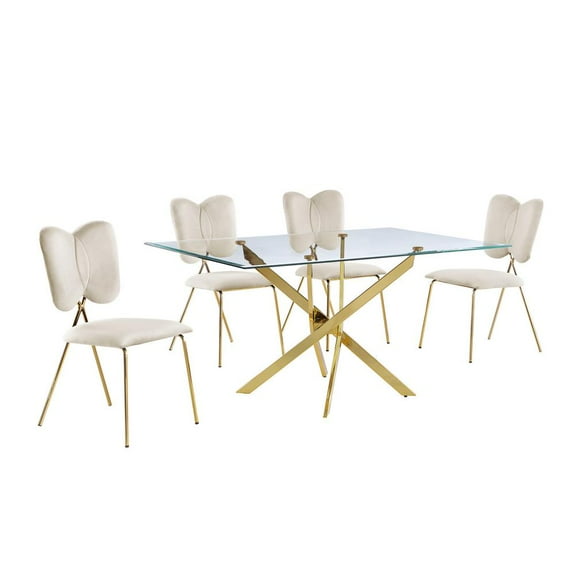 Rectangle 60" x 38" 5pc Clear Glass Dining Set with Cream Chairs