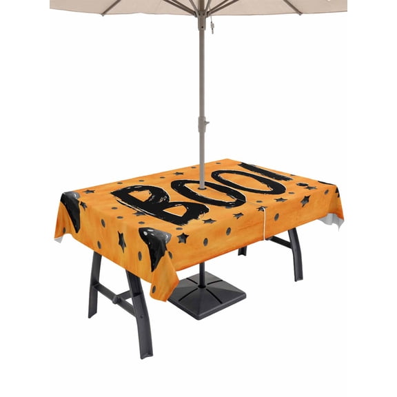Outdoor Tablecloth with Umbrella Hole and Zipper, Orange BOO Halloween Rectangle Table Cloth 52x70 Inch Waterproof Tablecloth, Cute Ghost Spooky Star Moon Dots Picnic Table Cover for Patio Camping