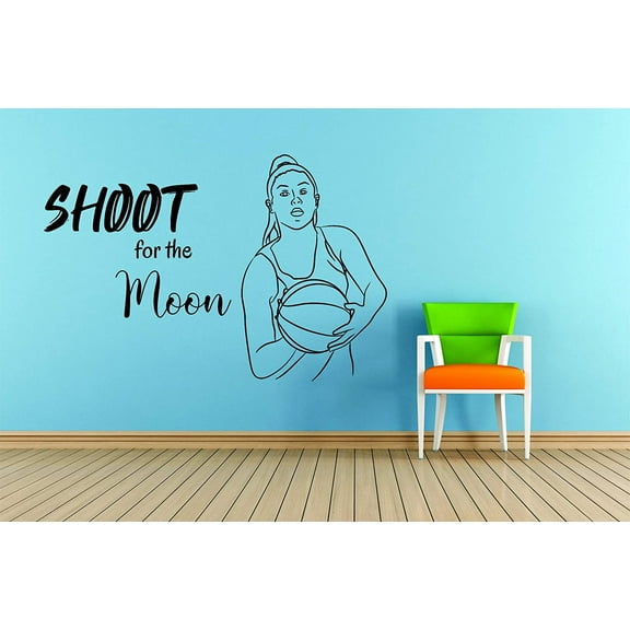 Shoot For The Moon Women's Basketball Girl Sports Player Teen Athlete Ball Wall Sticker for Bedroom Kids Children Sport Fans Rooms Home Art Murals Decals Wall Art Vinyl Decoration Size (25x30 inch)