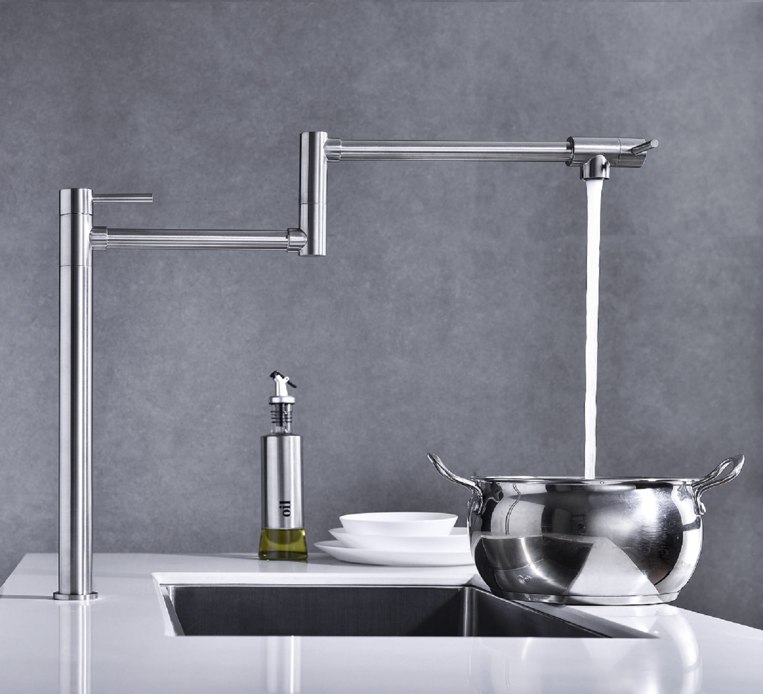 2-Handle Dual Joint Pot Filler Faucet – Brushed Nickel Brass with Extension Shank 20” Reach 4GPM, Foldable Deck Mount Kitchen Faucet