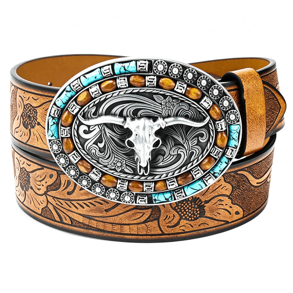 TELOLY Women-Western-Cowboy-Leather-Belts Turquoise Oval Embossed Belts Western Style Belts for Women