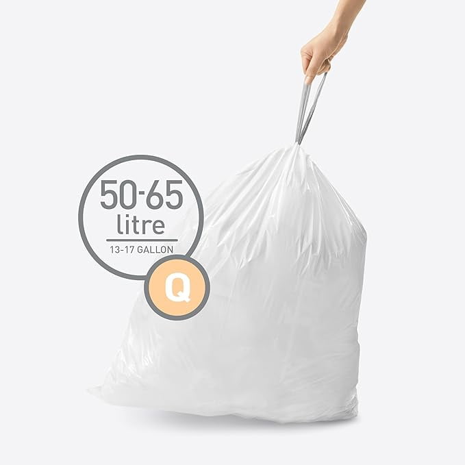 simplehuman Code Q Custom Fit Drawstring Trash Bags in Dispenser Packs, 200 Count, 50-65 Liter / 13-17 Gallon, White