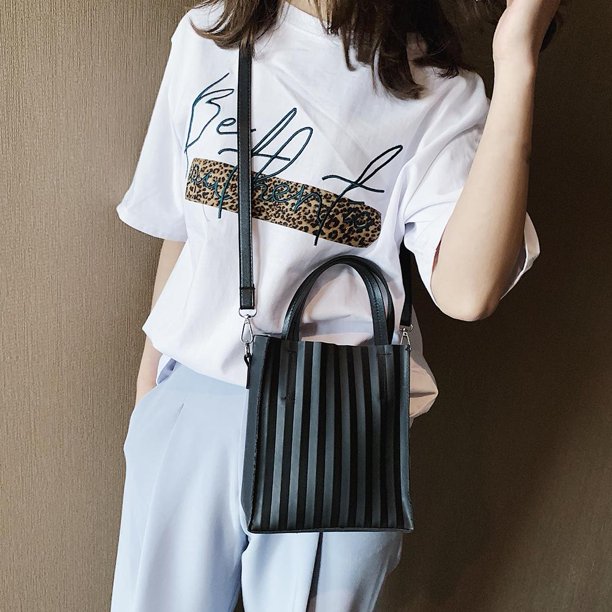 Bolsa Stripe Messenger PU Leather Crossbody Mujeres de hombro (Negro) Likrtyny Para Estrenar