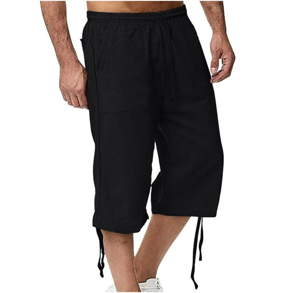 HOOMEUMY Men's Summer Beach Shorts Linen Cotton Drawstring Elastic Waist Baggy Knee Length Shorts with Pockets Black XXL