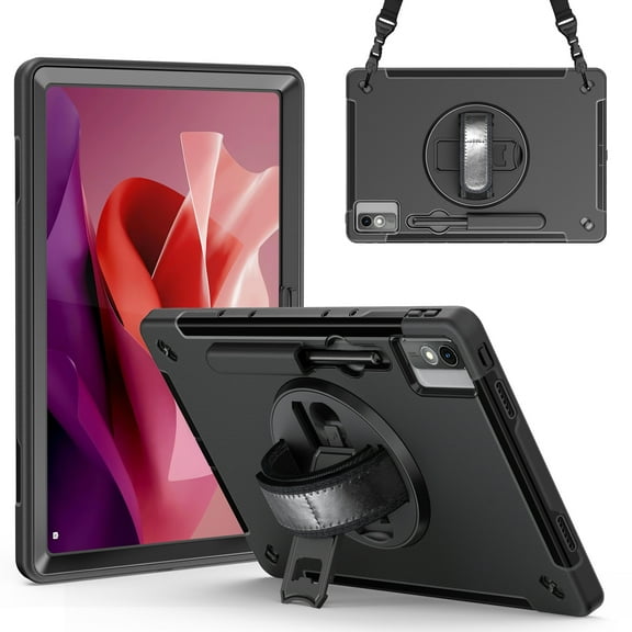 ZenRich Shockproof Case for Lenovo Tab P12 12.7 Inch 2023/2024 Release, with 360° Rotating Kickstand, Hand Strap & Shoulder Belt - Heavy Duty Rugged Protective Cover-Black