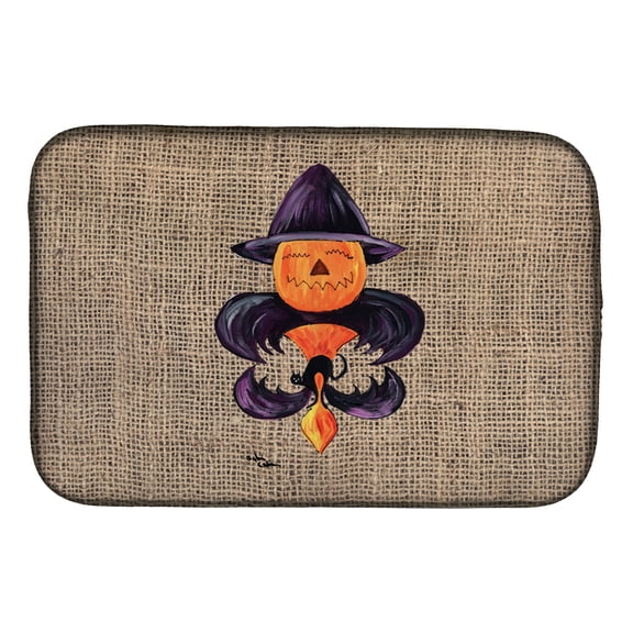 Halloween Pumpkin Bat Fleur de lis Dish Drying Mat