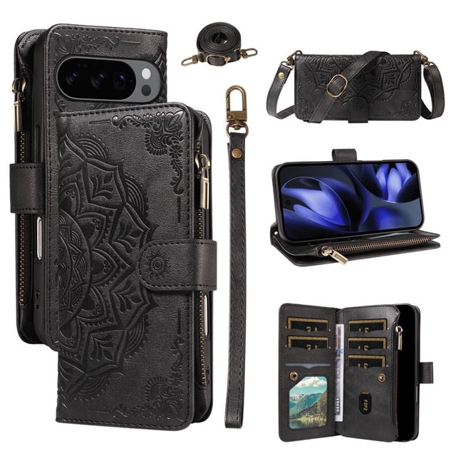 For Google Pixel 9 / 9 Pro Wallet Case, 9 Card Slots RFID Blocking Crossbody Leather Cover, Zipper Pocket, Detachable Wrist & Shoulder Strap, Magnetic Shockproof Protective Phone Case for Women,Black