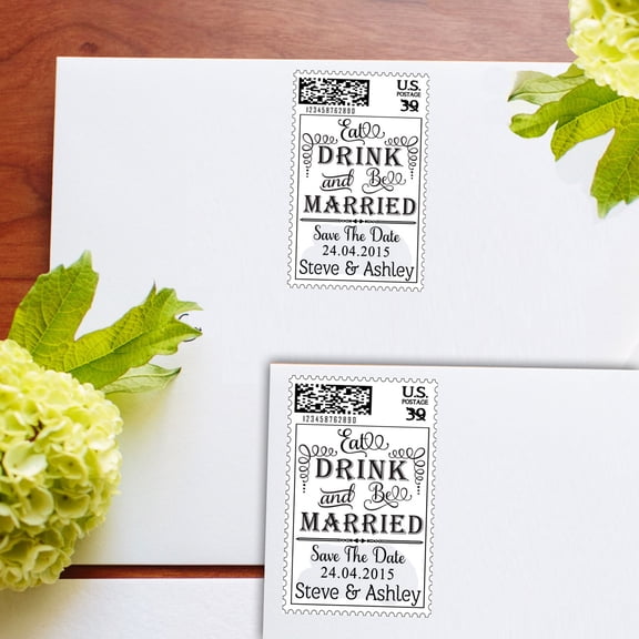 Custom Save The Date Rubber Stamp Eat Drink & Be Married USA Postal Stamp Design By Printtoo