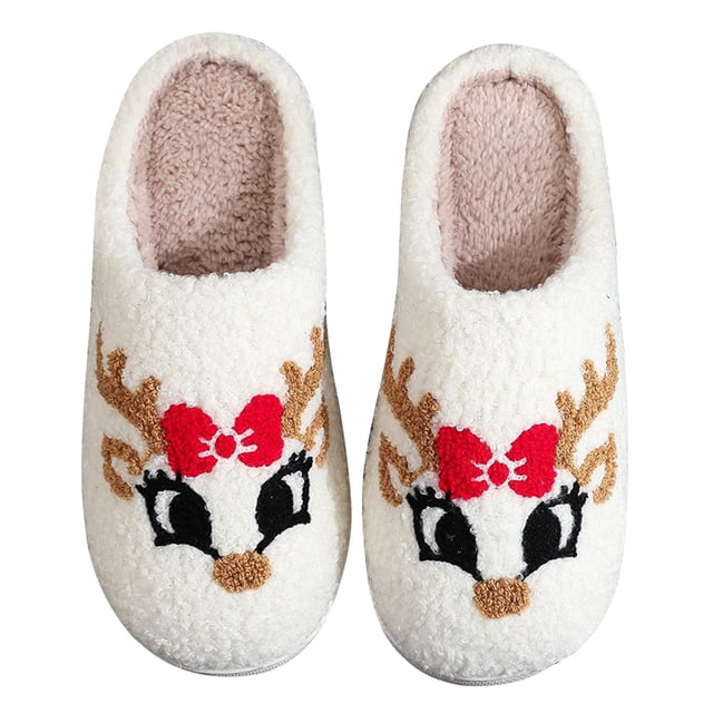 Zapatos Casa Sin Cordones Felpa Con Punta Cerrada Interior Peludas Reno Dibujos Animados Suaves Lazo para Invierno Rojo
