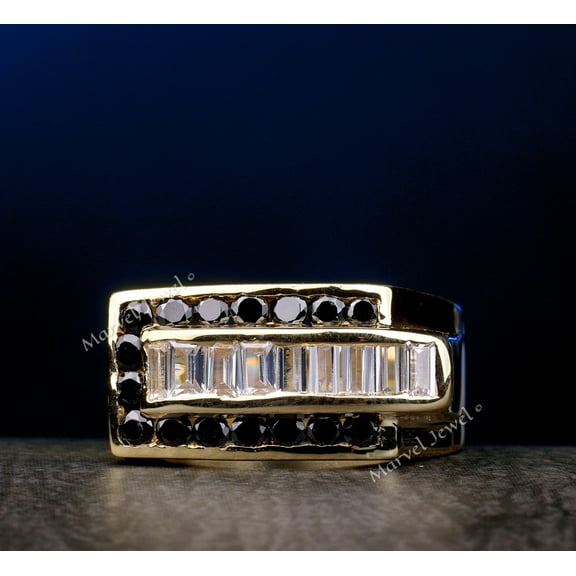 Men's Black Diamond Ring, Dual Square Row Baguette Diamond Ring, 2.1 Ct Simulated Diamond, Perfect Engagement Ring, 14K Yellow Gold Plated, Gift For Husband