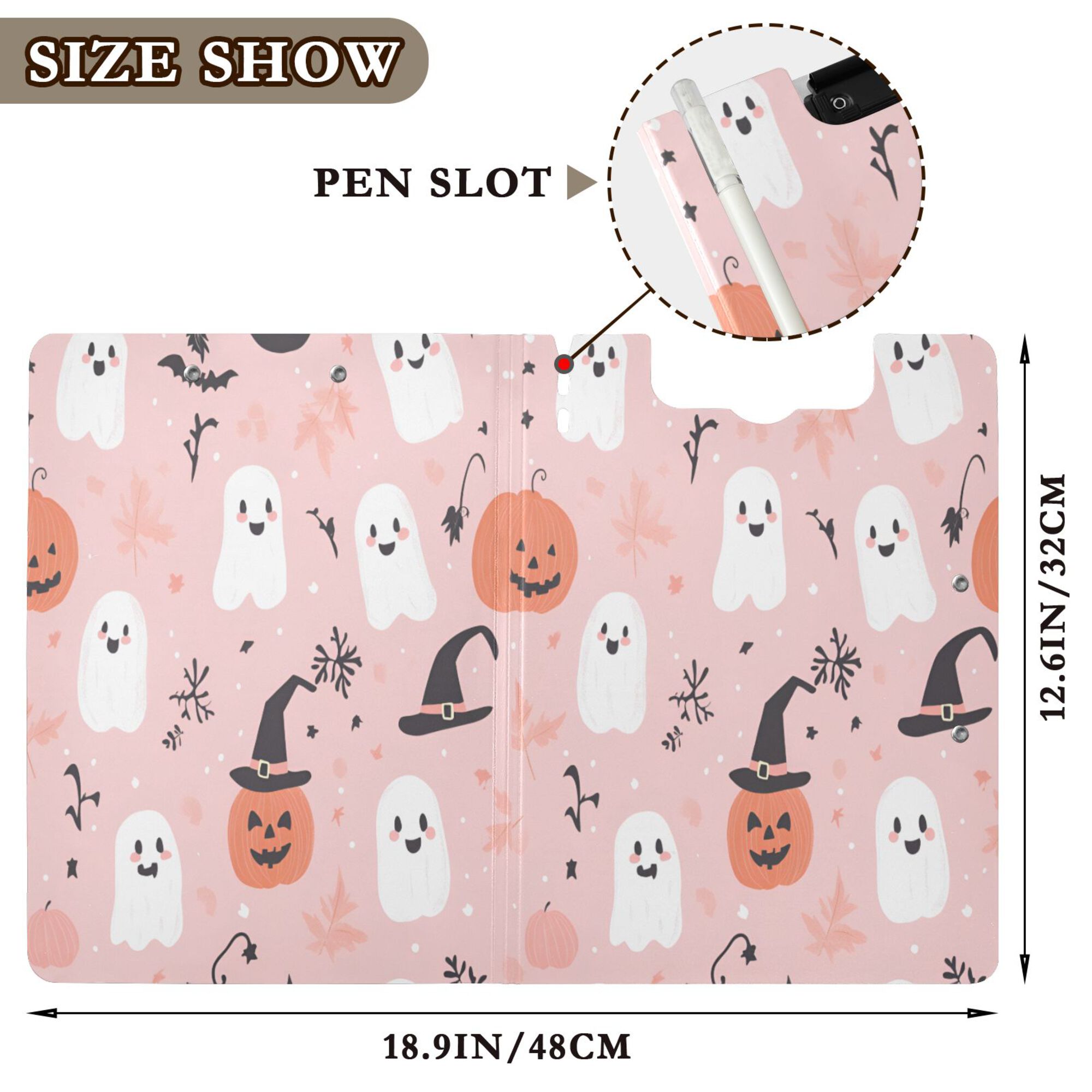 FORMRS A4 Clipboard Folder with Pen Holder Horizontal Foldable School Office Binder, Pink Halloween Ghosts
