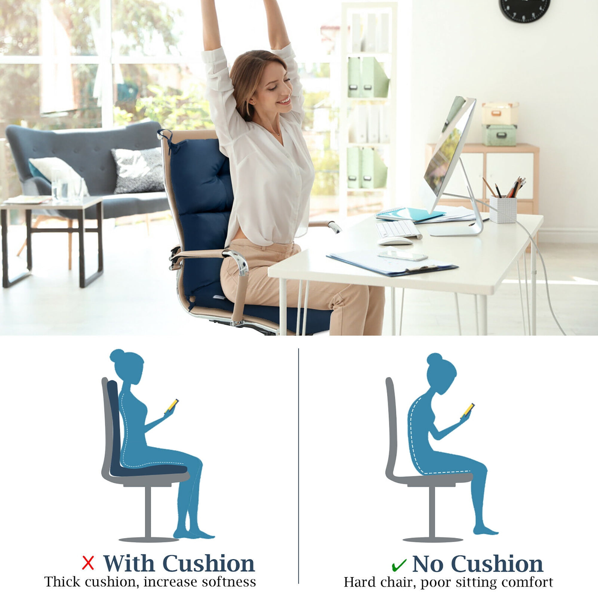 Costway 22''x44'' Back Chair Cushion Tufted Pillow Patio Seating Pad Blue