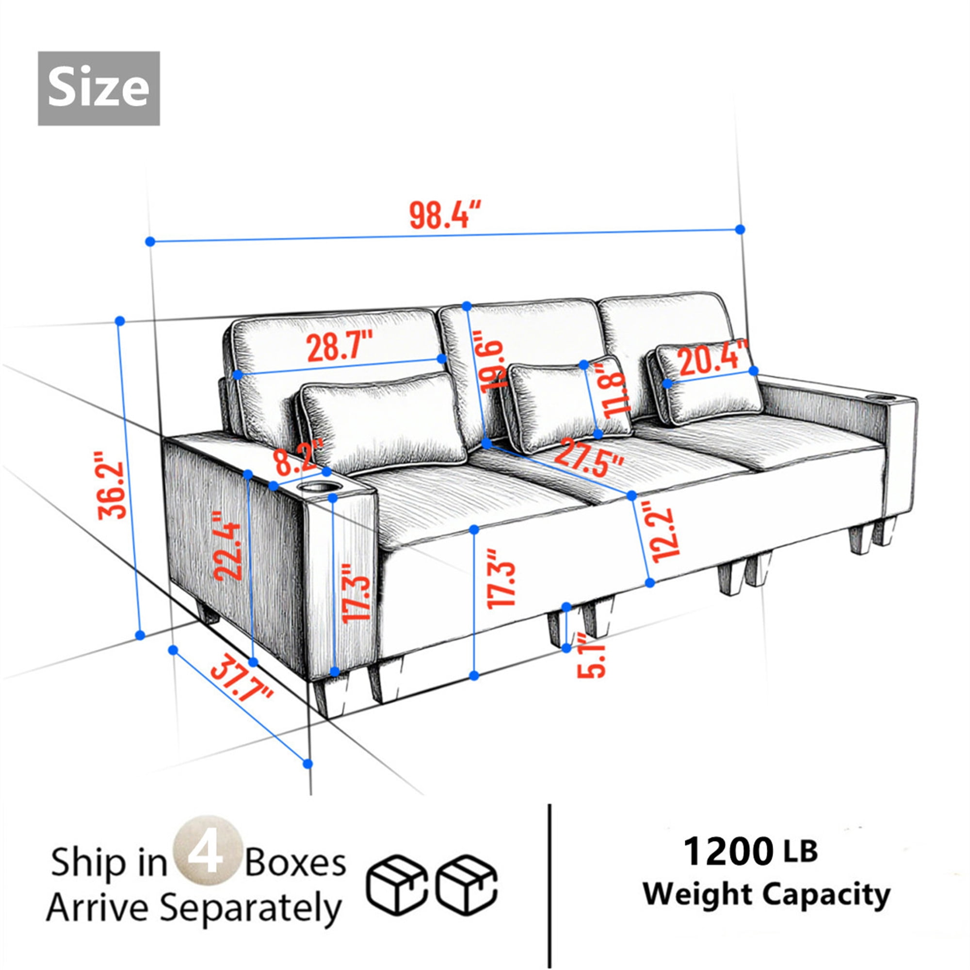 Aukfa 3 Piece Sofa Set - 99" Oversized 3 Seat Couch with Cup Holders&Pillows, Chenille, Beige