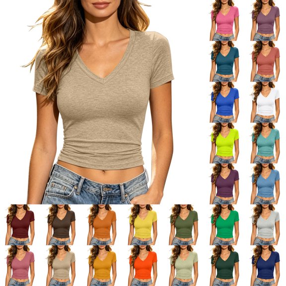 Women's T-shirts Zaewscy Women's Summer Slim Short Sleeve T-Shirt Thin Breathable Stretch Solid Color Plus Size V-Neck Base Layer Beige2 S