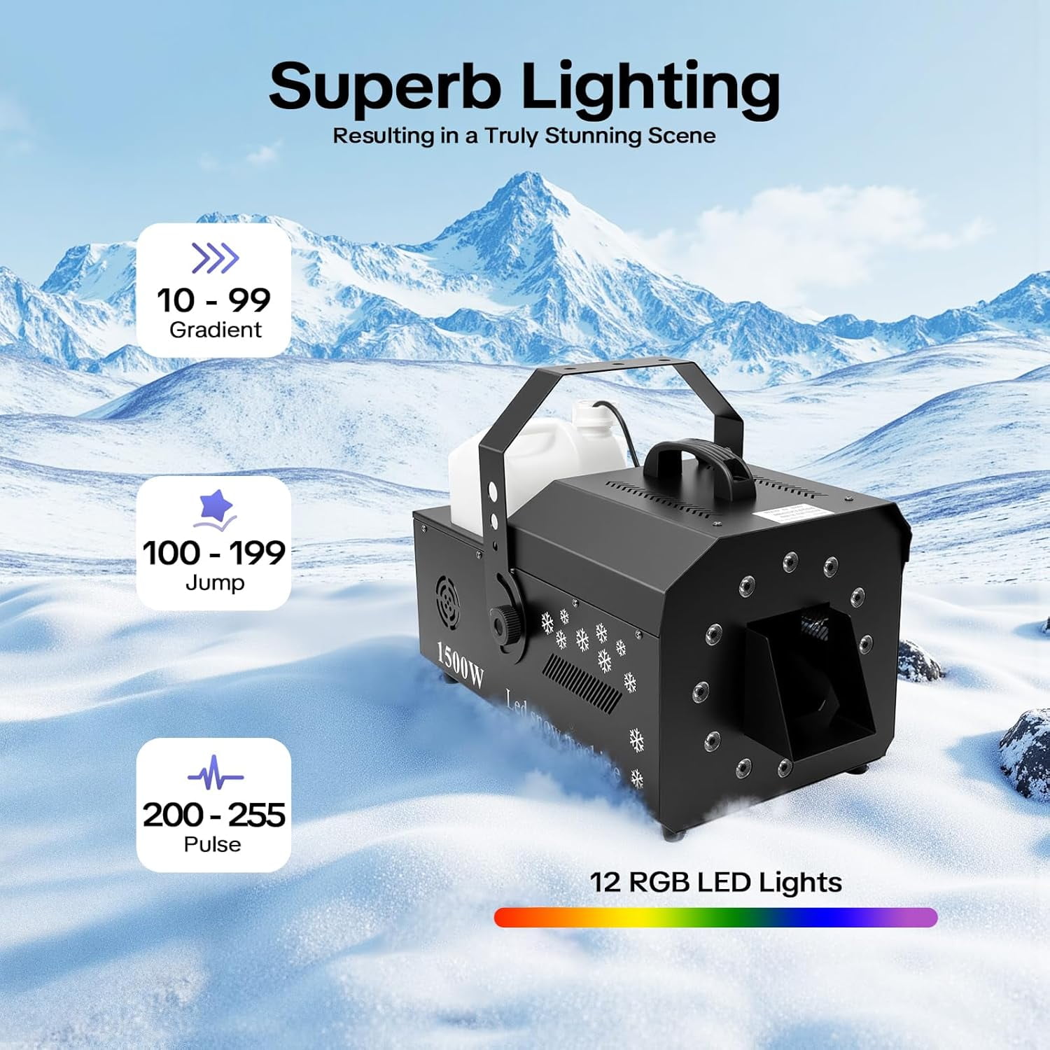 Miumaeov Snowflake Machine 1500W 12 LED DMX Stage Snowflake Machine with Wireless Remote Snow Machine for Parties Stage Wedding Live Concert Dj and Family Gatherings