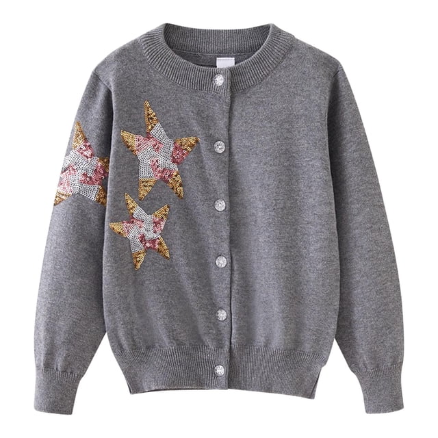 WRKEKC Cardigan Fille Enfants Décontracté Étoile Pailletée Ornée Bouton devant Col Rond Veste Tricotée Manches Longues Douce Confortable Manteau Décontracté pour 2 - 12 Ans