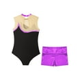 thumbnail image 4 of Yeahdor Kids Girls Gymnastics Dance Outfit Metallic Striped Leotard Sheer Mesh Patchwork Bodysuit with Metallic Shorts Purple 10, 4 of 7