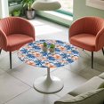 thumbnail image 4 of Blue Palm Leaves Elastic Fitted Round Table Cover Orange Tropical Floral Plants Waterproof Outdoor Tablecloth for Holiday Party, Picnic, Patio & Dining Fits Tables Up to 36"-44", 4 of 8