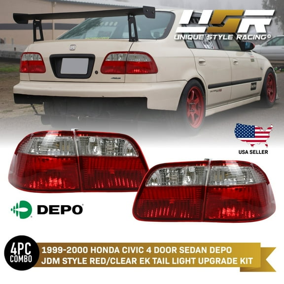 DEPO JDM Red / Clear EK Rear Tail Light Set For 1999-2000 Honda Civic 4D Sedan