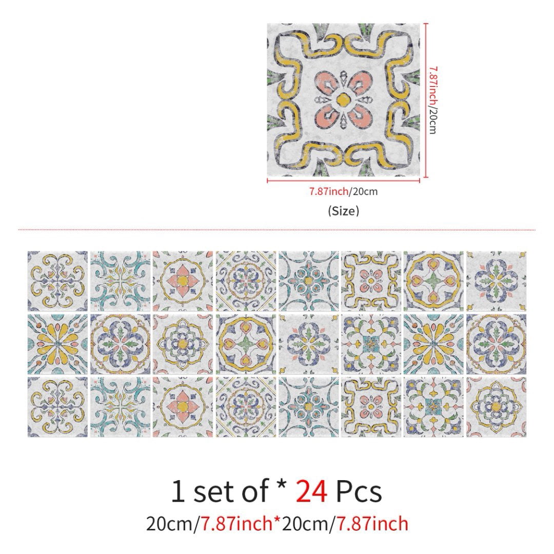 24 Piece Waterproof Vinyl Tiles Stickers 8 x 8in DIY Decor Floral Pattern Self Adhesive Wall Decals Mural Peel and Stick Tile Kitchen Backsplash