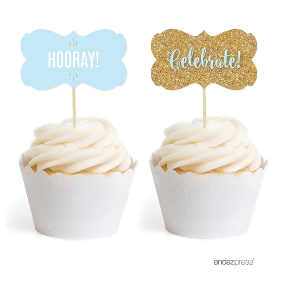 Signature Baby Blue, White, Gold Glittering Party, Fancy Frame Cupcake Toppers, 18-Pack